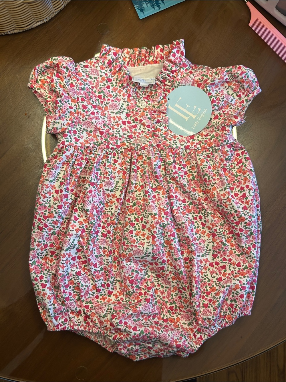 Little English Pink Fairfax Birdie Floral Ruffle Mandarin Collar Bubble 24m